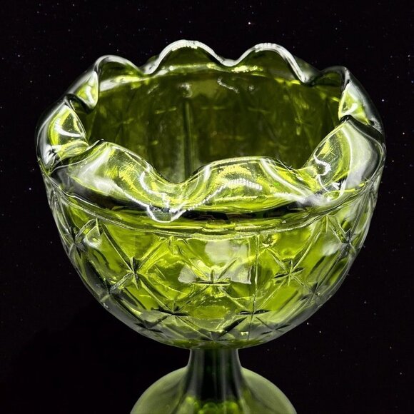 Indiana Art Glass Pedestal Tall Cup Bowl Diamond Avocado Green Duette 9”T 5”W - Picture 6 of 10